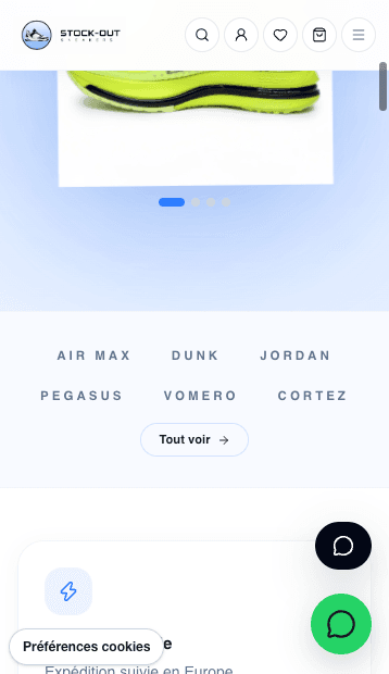 Capture réelle de la version mobile du site Stock-Out Sneakers